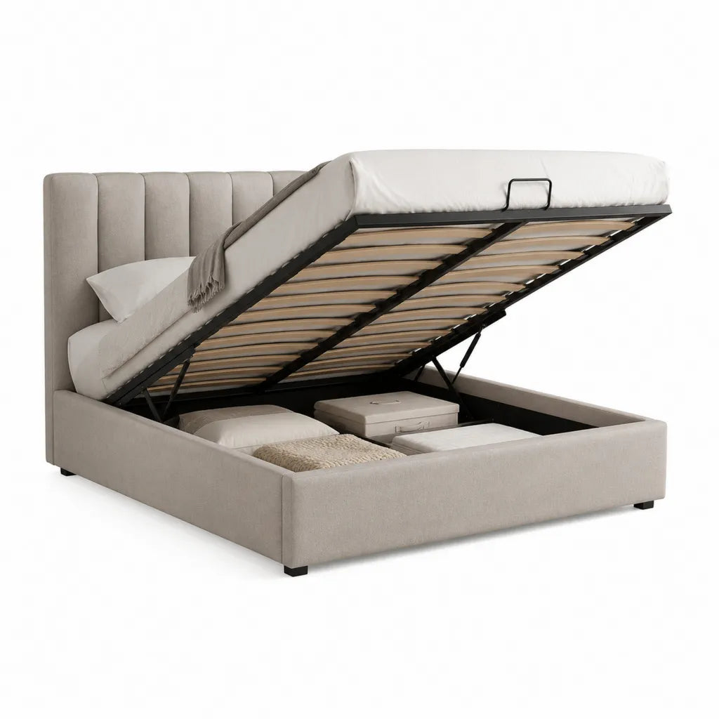 Lit coffre 160 x 200 cm avec sommier a lattes en contreplaque de peuplier gris clair