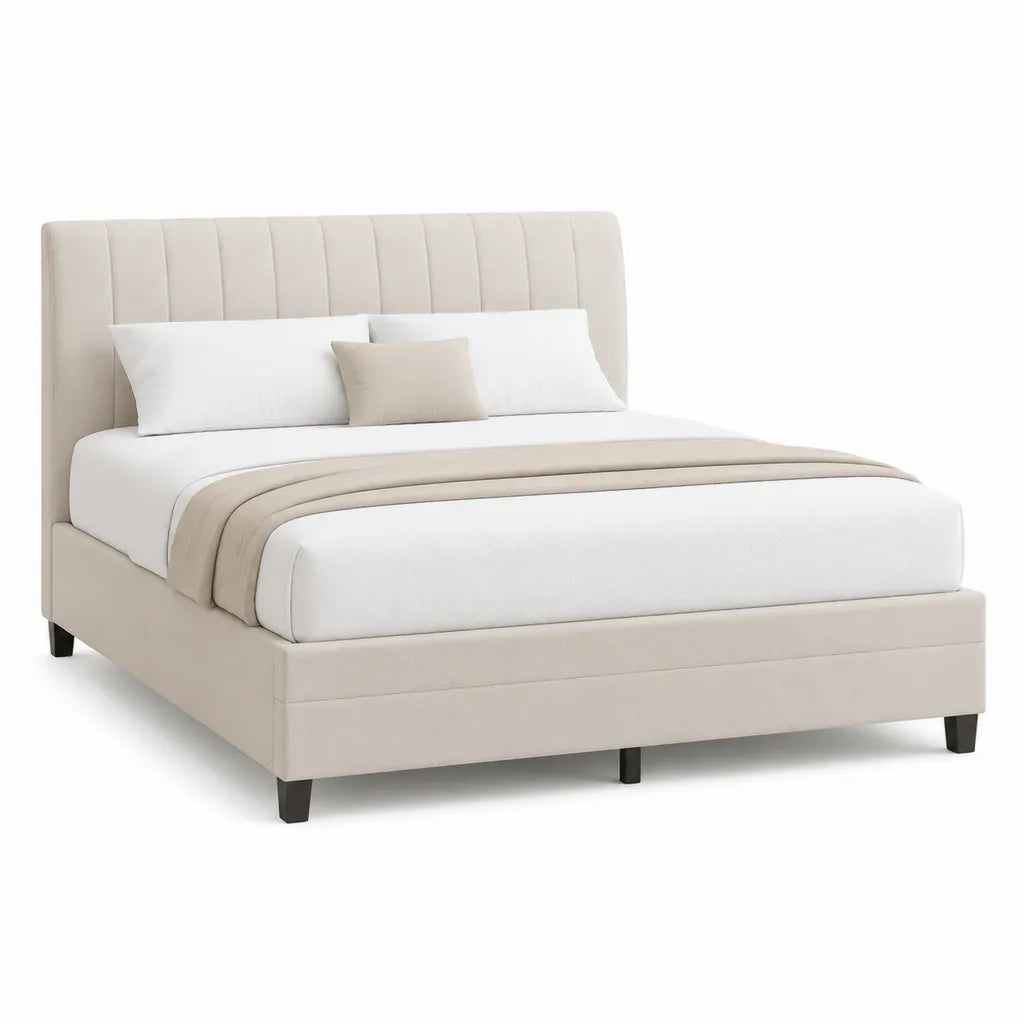 Lit double avec cadre capitonne rectangulaire en polyester creme 160 x 200 cm