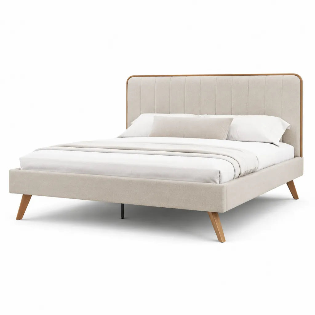 Cadre de lit double 160 x 200 cm en polyester beige avec tete de lit capitonnee et pieds en bois massif