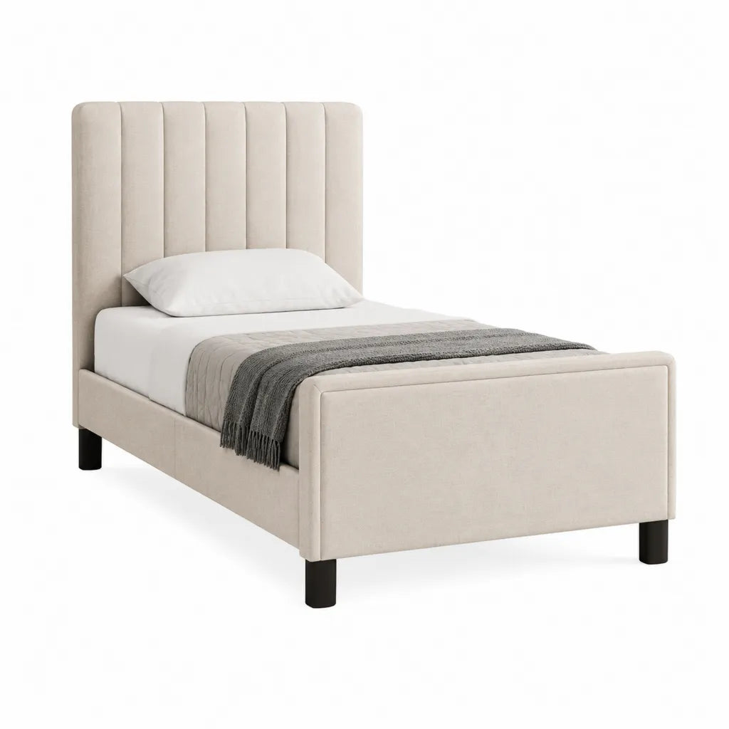 Lit simple capitonne 90 x 190 cm en polyester creme avec tete de lit a panneaux verticaux