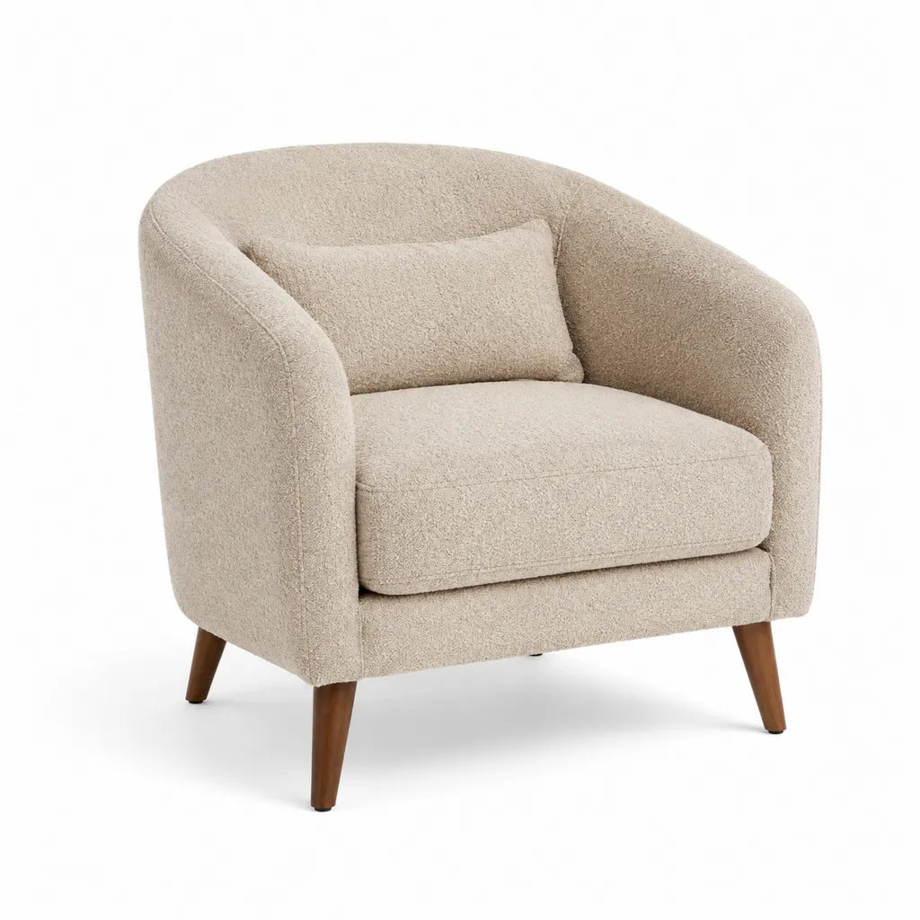Fauteuil club arrondi en polyester bouclette beige avec pieds en bois massif 76 x 78 x 80 cm