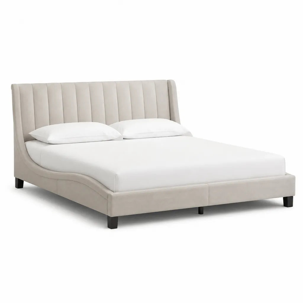 Cadre de lit double 160 x 200 cm en velours de polyester beige avec tete de lit capitonnee
