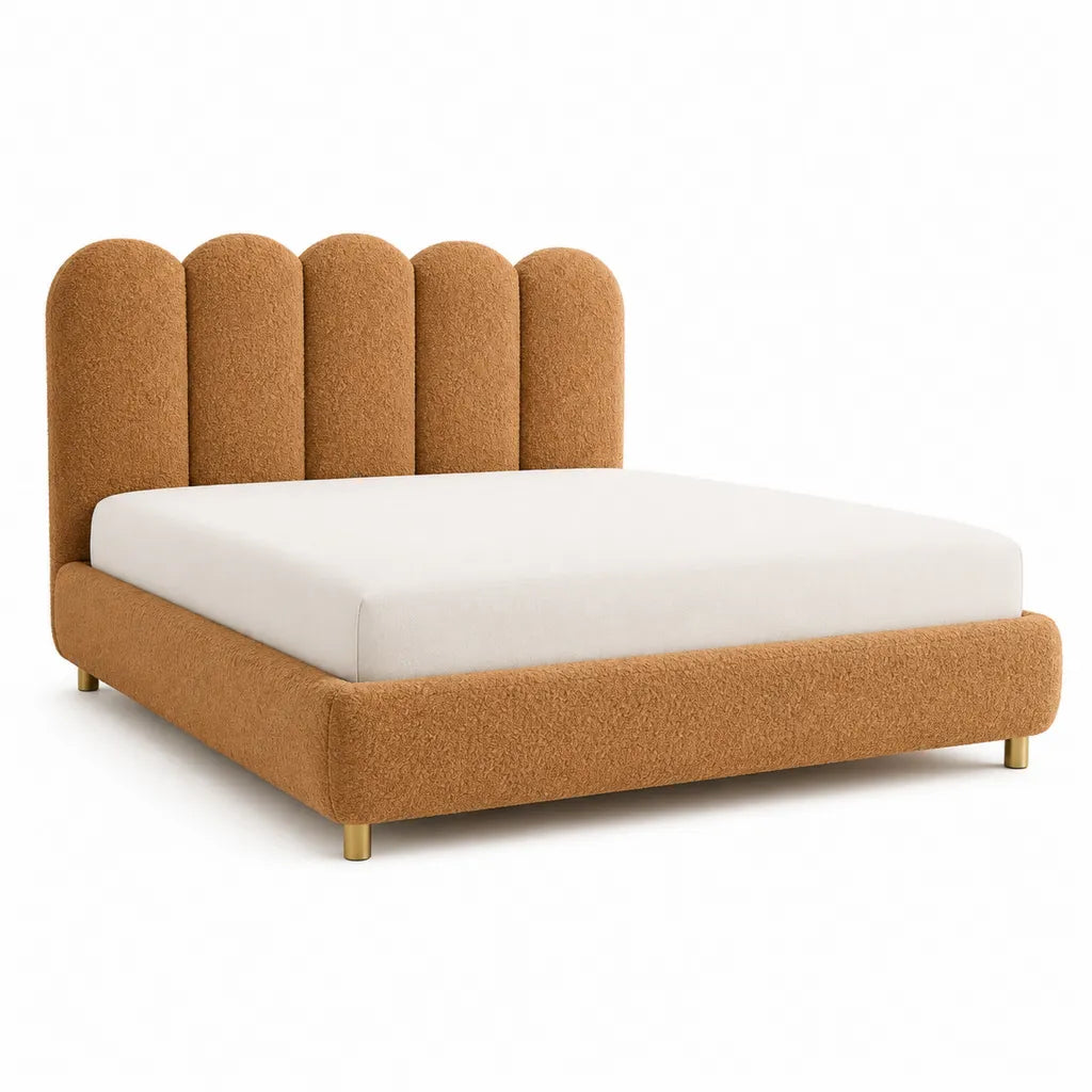 Lit double avec cadre capitonne en polyester bouclette camel 160 x 200 cm