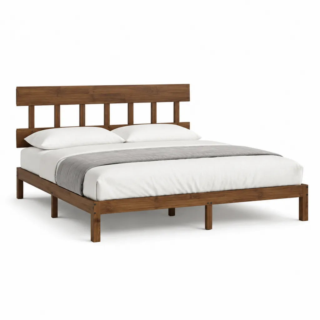 Cadre de lit double 160 x 200 cm en bois massif brun avec tete de lit a barreaux