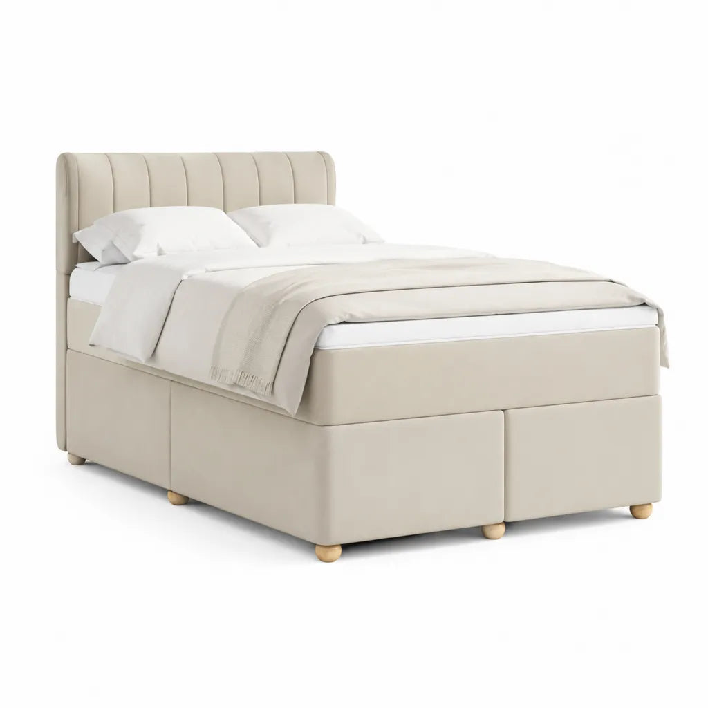 Lit coffre 160 x 200 cm en polyester beige avec tete de lit capitonnee