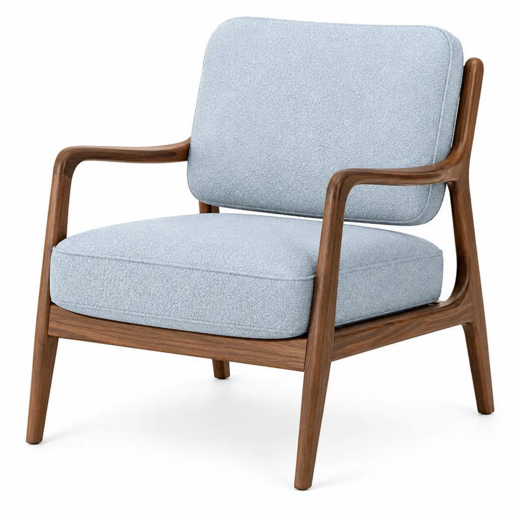 Fauteuil de salon avec accoudoirs en bois massif noyer et revetement polyester boucle bleu gris 69 x 75 x 82 cm