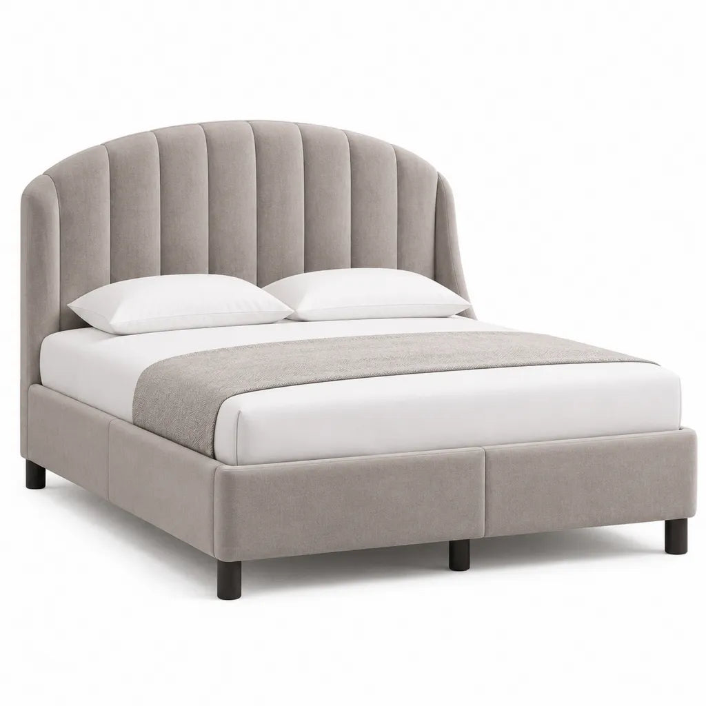 Cadre de lit double 160 x 200 cm en velours de polyester beige avec tete de lit arrondie capitonnee