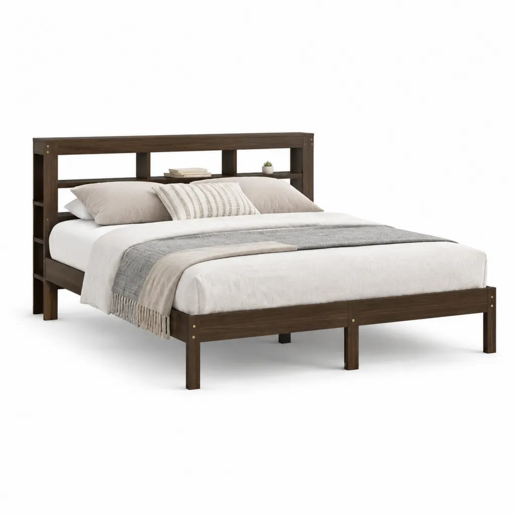 Cadre de lit double 160 x 200 cm en pin massif brun fonce avec tete de lit a etageres