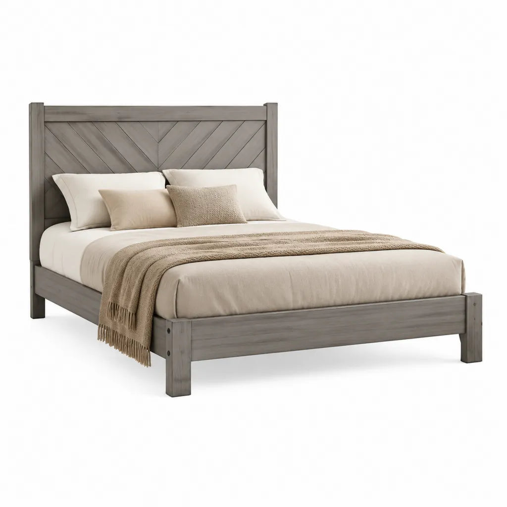Cadre de lit double 160 x 200 cm en pin massif gris avec tete de lit a chevrons