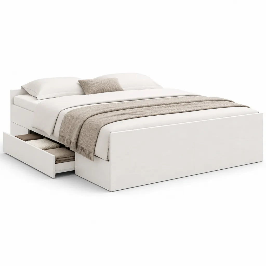 Lit double avec tiroir de rangement 160 x 200 cm en panneaux de particules melamines rectangulaire blanc