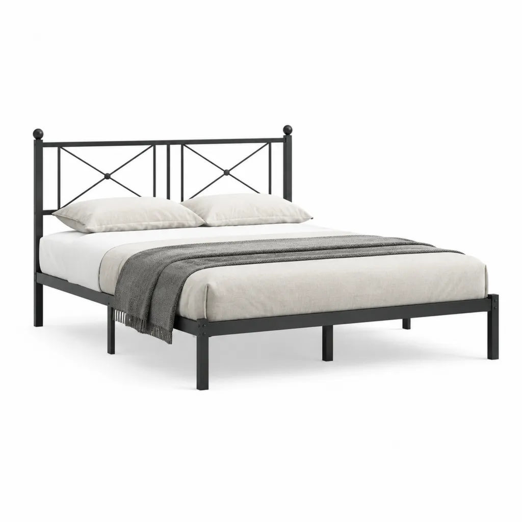 Cadre de lit double 140 x 190 cm en acier noir avec tete de lit a croisillons