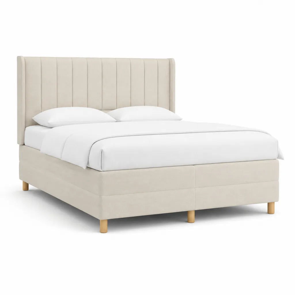 Lit double 160 x 200 cm avec cadre rembourre en polyester beige et tete de lit a panneaux verticaux