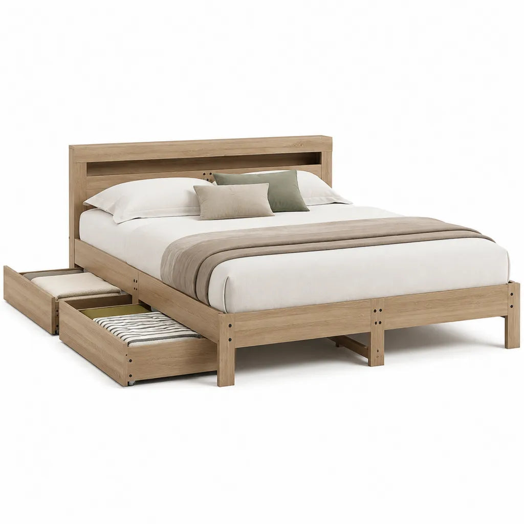 Lit double avec 2 tiroirs de rangement 160 x 200 cm panneaux de particules decor chene clair