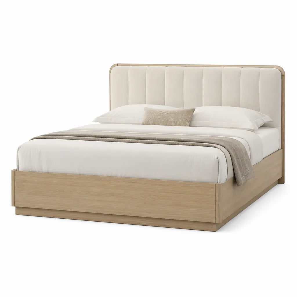 Lit double 160 x 200 cm cadre rectangulaire en panneaux MDF decor chene clair avec tete de lit capitonnee beige