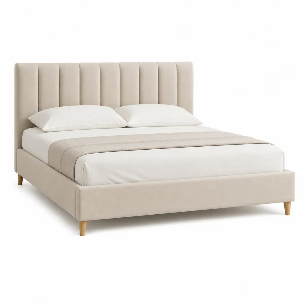 Lit double capitonne 160 x 200 cm en polyester beige avec tete de lit rectangulaire