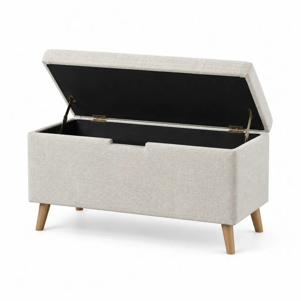 Coffre de rangement rectangulaire 80 x 40 x 45 cm en polyester beige avec pieds en hevea