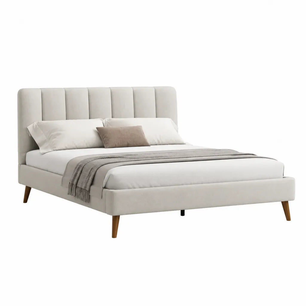 Lit double capitonne 160 x 200 cm en polyester blanc casse avec pieds en hevea