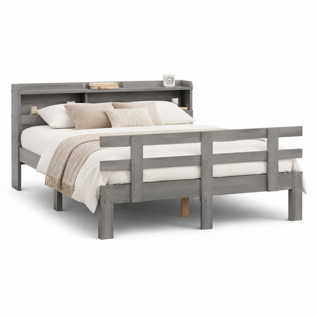 Cadre de lit adulte 160 x 200 cm en pin massif gris avec tete de lit a etageres et barrieres laterales