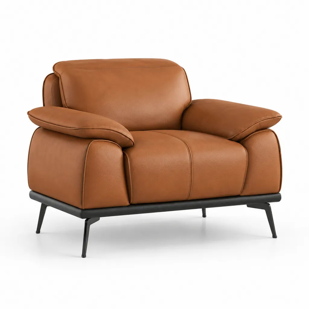 Fauteuil de salon 1 place 105 x 92 x 86 cm en cuir synthetique PU cognac avec pieds en acier noir