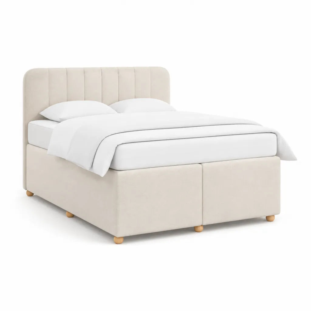 Lit double rembourre 160 x 200 cm en polyester beige avec tete de lit arrondie