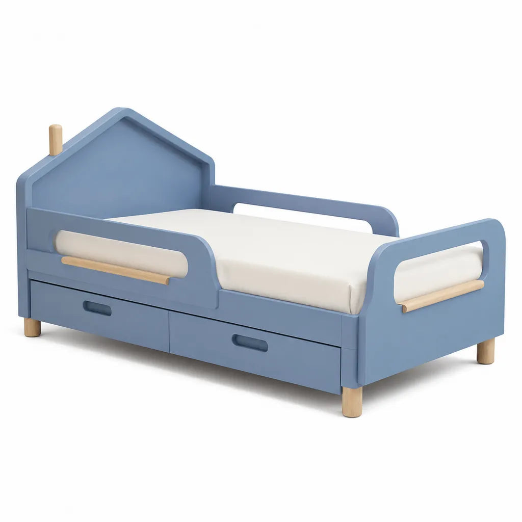 Lit enfant rectangulaire avec barrieres et 2 tiroirs 140 x 70 cm en MDF bleu