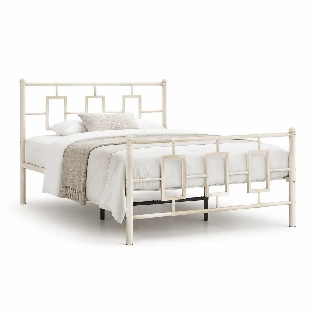 Cadre de lit double en acier rectangulaire ivoire 140 x 190 cm
