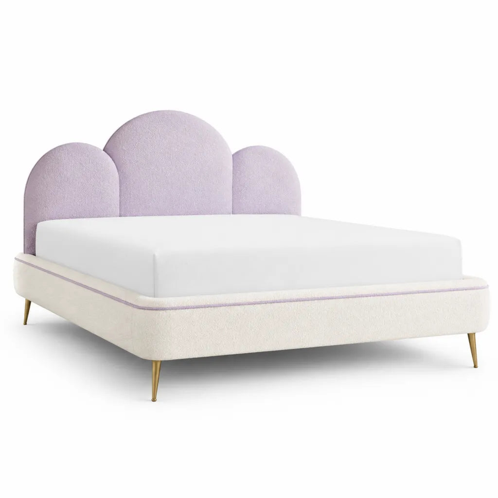 Lit double 160 x 200 cm avec cadre capitonne en polyester creme et tete de lit arrondie lilas