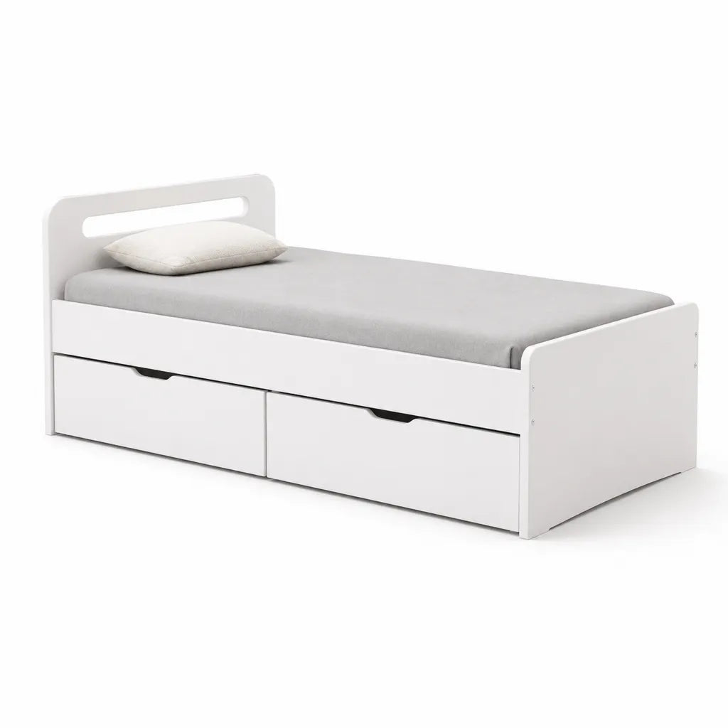 Lit enfant 90 x 200 cm avec 2 tiroirs en MDF blanc