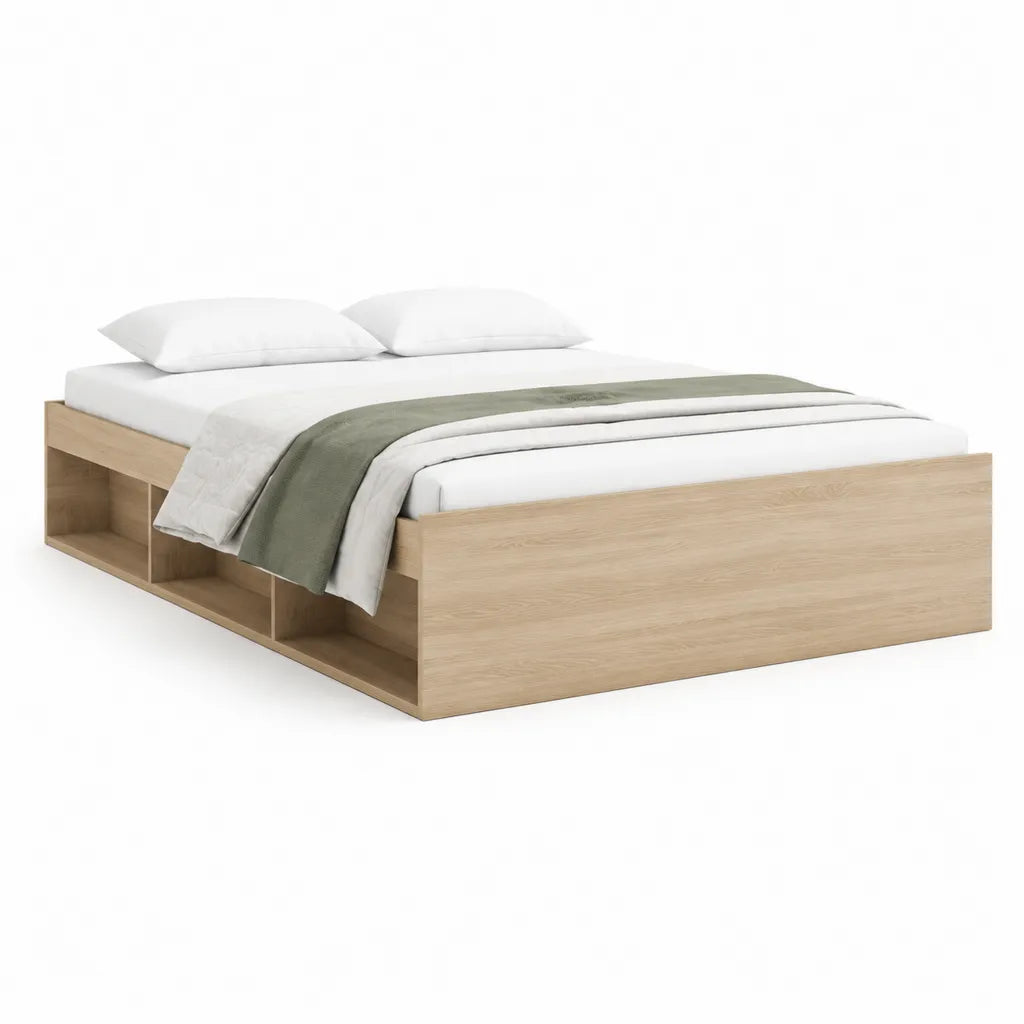 Cadre de lit rectangulaire avec rangements 160 x 200 cm en panneaux de particules chene clair