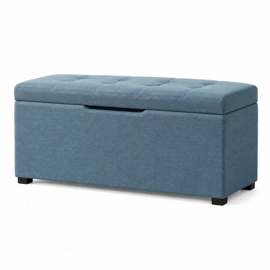Banc coffre de rangement rembourre rectangulaire bleu 110 x 38 x 45 cm en polyester