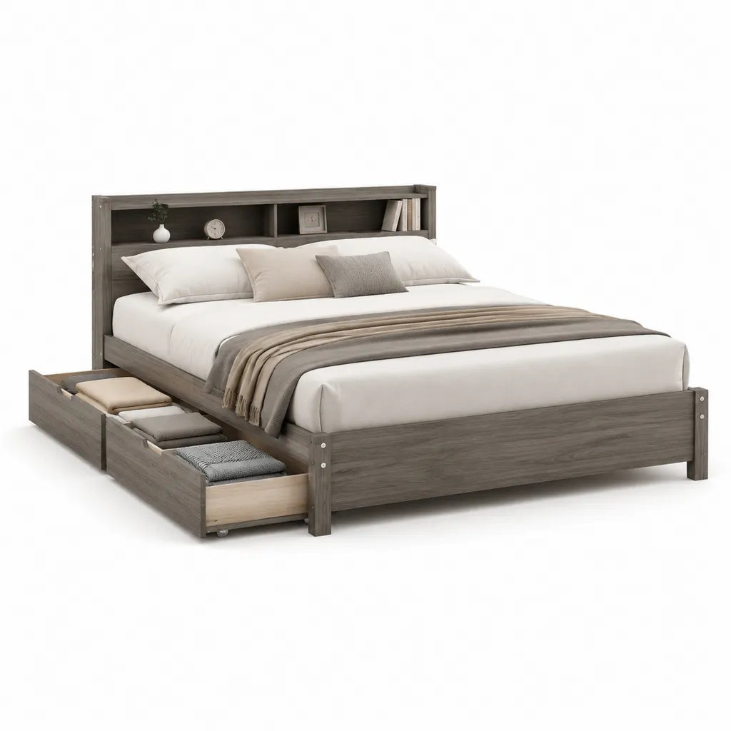 Lit double avec rangement 160 x 200 cm en MDF gris avec tete de lit a etageres et tiroirs