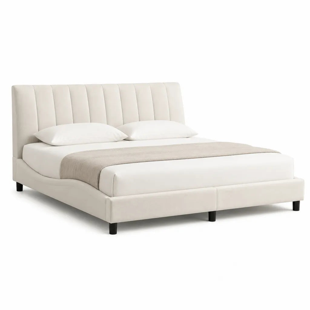 Lit double 160 x 200 cm cadre rembourre en polyester tete de lit capitonnee rectangulaire blanc casse dimensions 180 x 220 x 110 cm