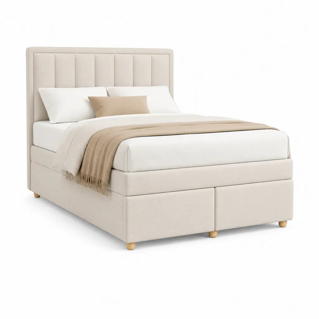 Lit coffre 160 x 200 cm en polyester beige avec tete de lit capitonnee rectangulaire