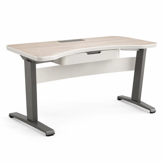 Bureau rectangulaire avec tiroir et passe-cables 120 x 60 x 75 cm MDF melamine blanc chene clair gris anthracite