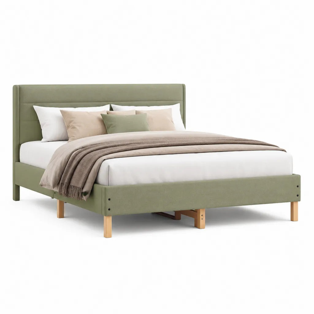 Cadre de lit double 160 x 200 cm capitonne en polyester vert avec pieds en pin massif