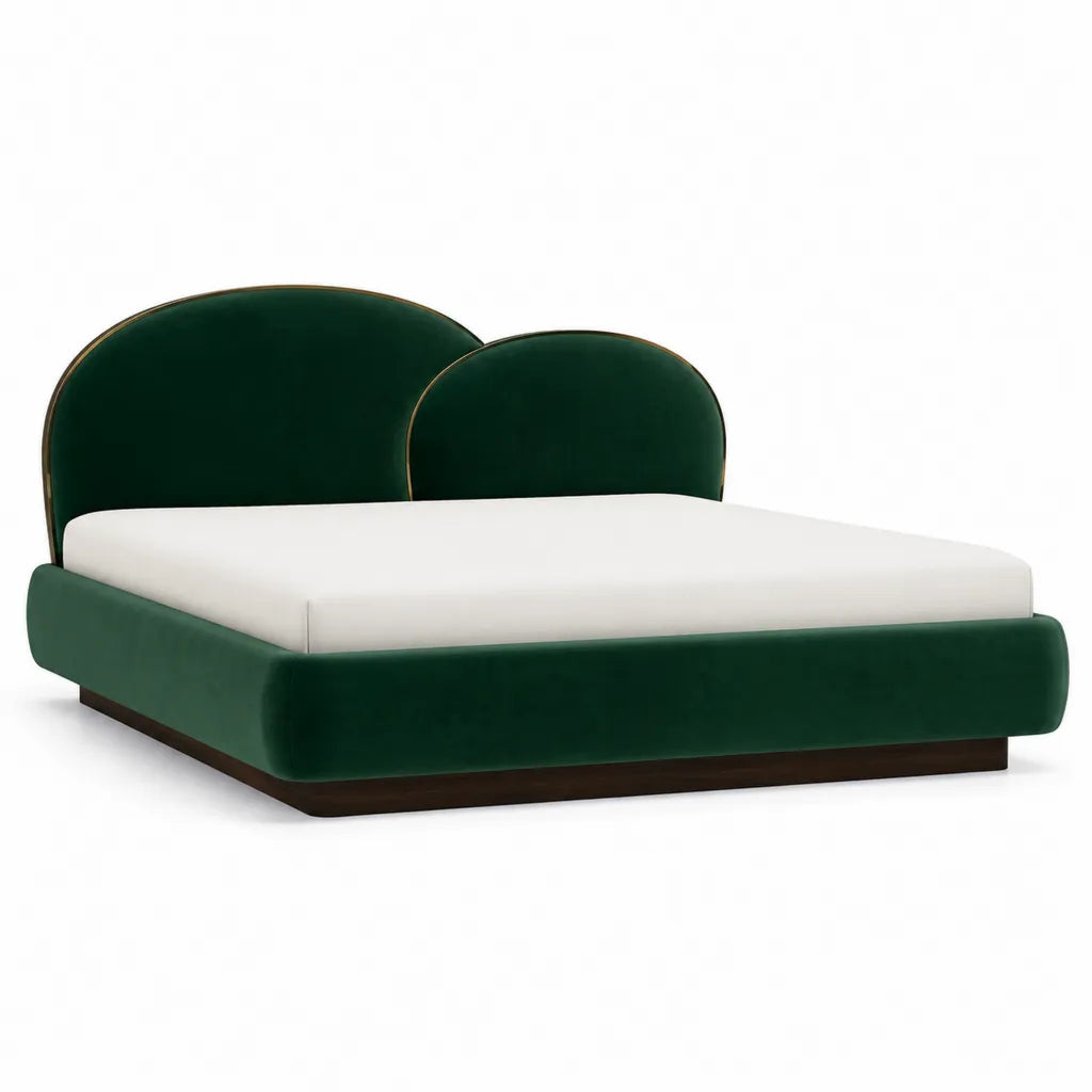 Cadre de lit double 160 x 200 cm en velours de polyester vert fonce a tete de lit arrondie