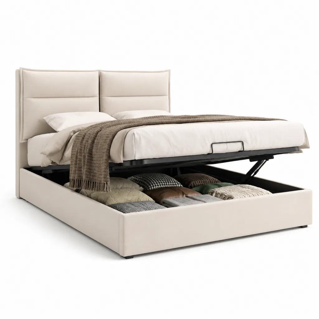 Lit coffre 160 x 200 cm rectangulaire en polyester creme avec tete de lit rembourree