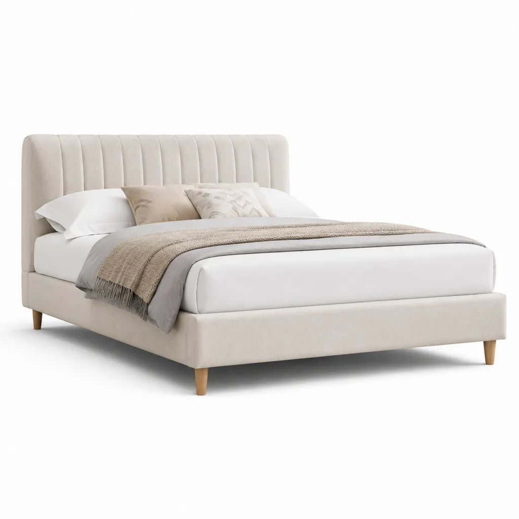 Lit double capitonne 160 x 200 cm en polyester beige avec tete de lit a panneaux verticaux