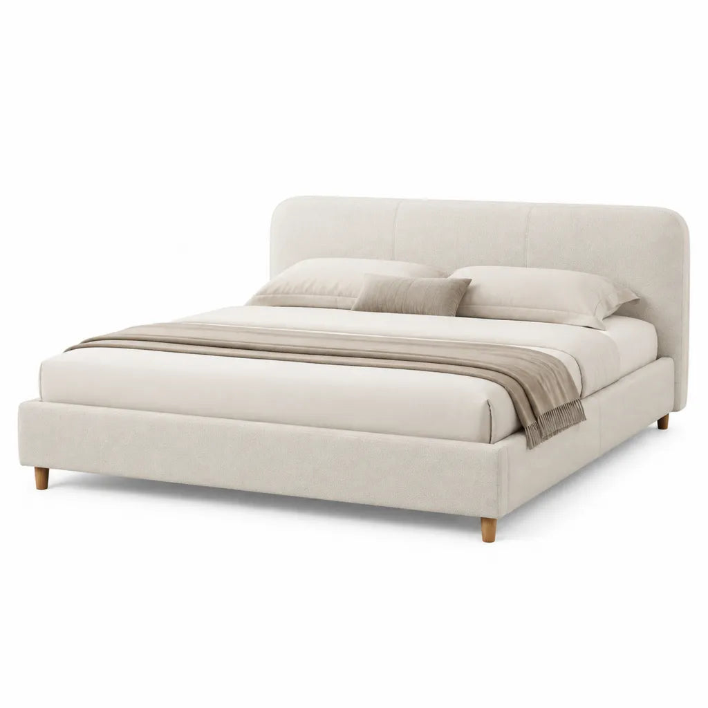 Lit double capitonne 160 x 200 cm en polyester beige avec cadre rembourre et pieds en bois massif