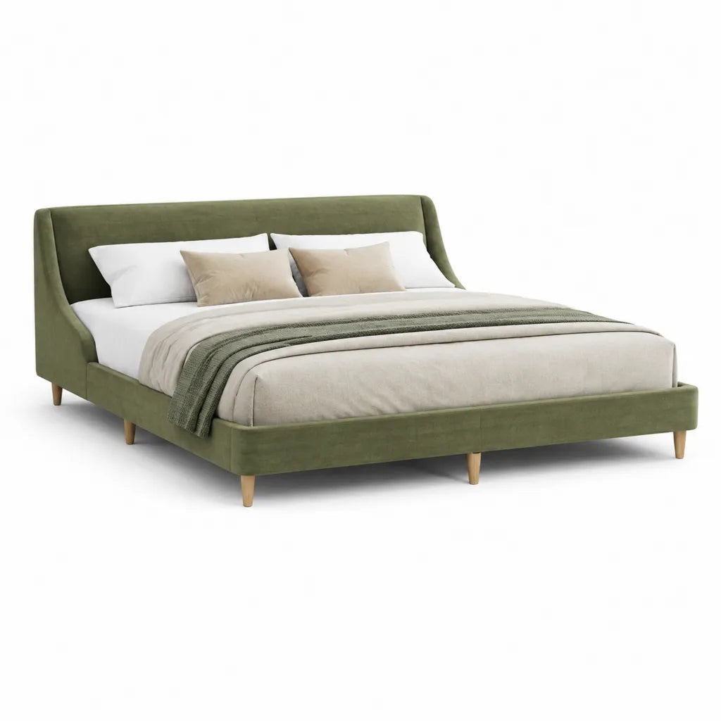Lit double avec cadre et tete de lit capitonnee en velours de polyester vert olive 160 x 200 cm