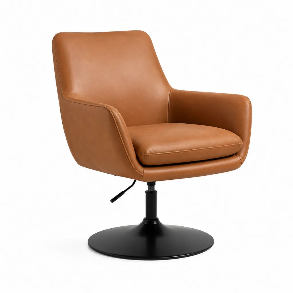 Fauteuil pivotant reglable en hauteur en cuir synthetique PU cognac avec base ronde en acier 68 x 68 x 80-92 cm