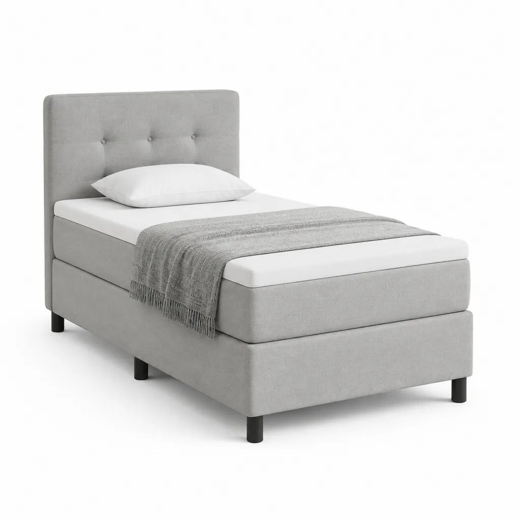 Lit simple capitonne 90 x 200 cm en polyester gris avec tete de lit