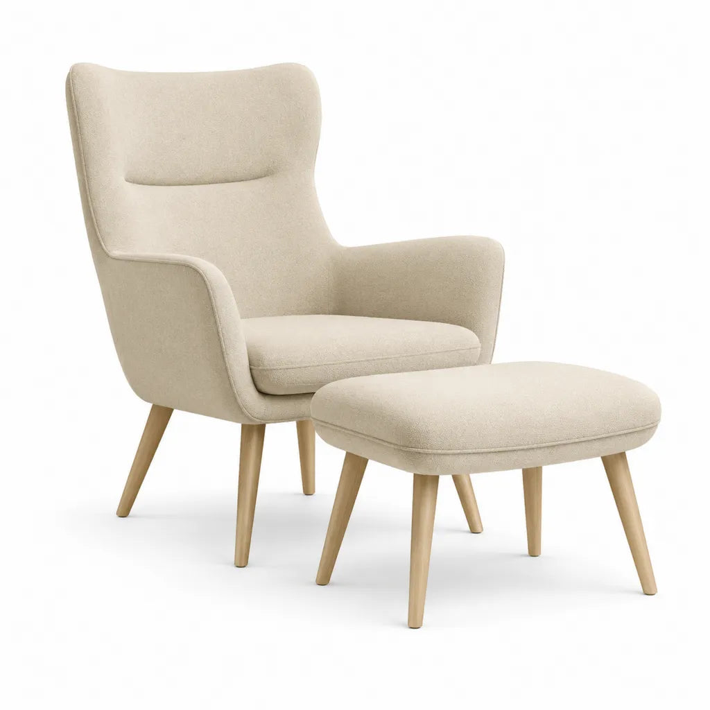 Fauteuil a oreilles avec repose-pieds en polyester beige pieds en hevea massif 74 x 83 x 102 cm